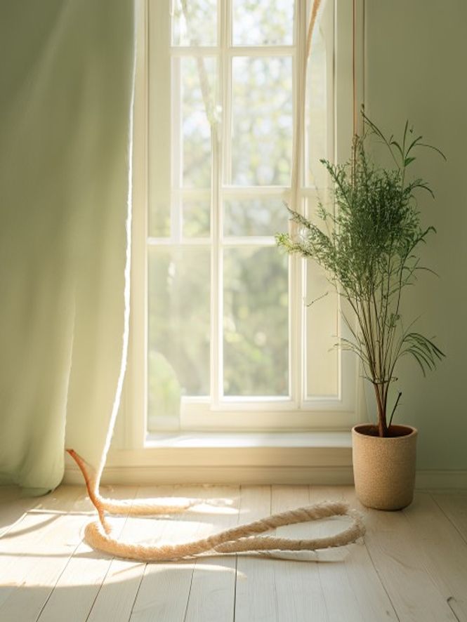 Zonnig raam met plantje en stretchtouw op houten vloer