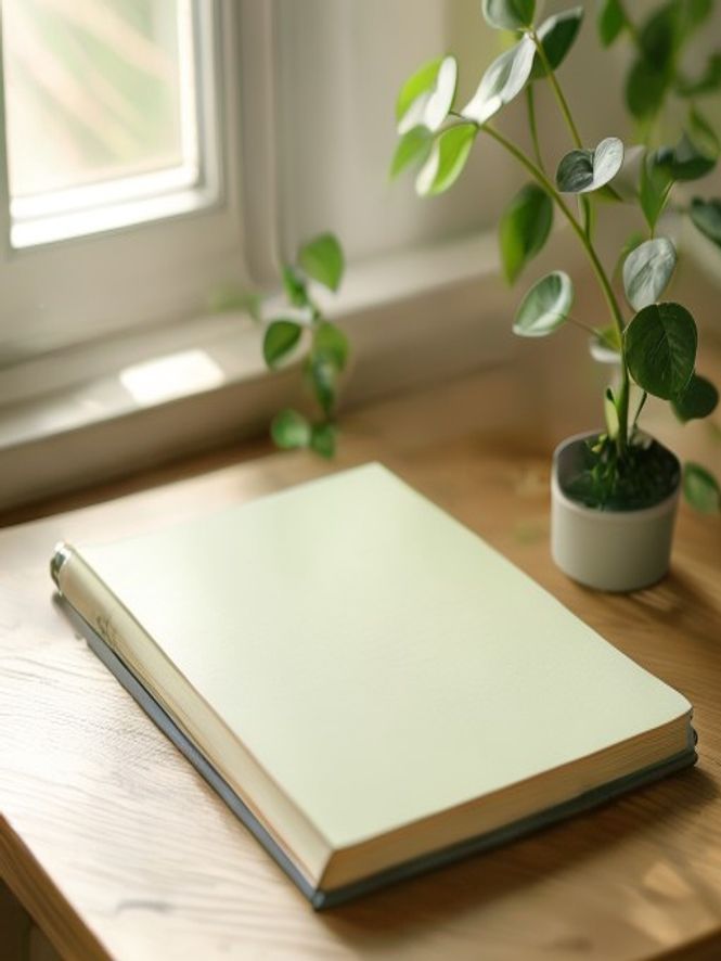 Journaal en pen op bureaublad met rustgevende omgeving
